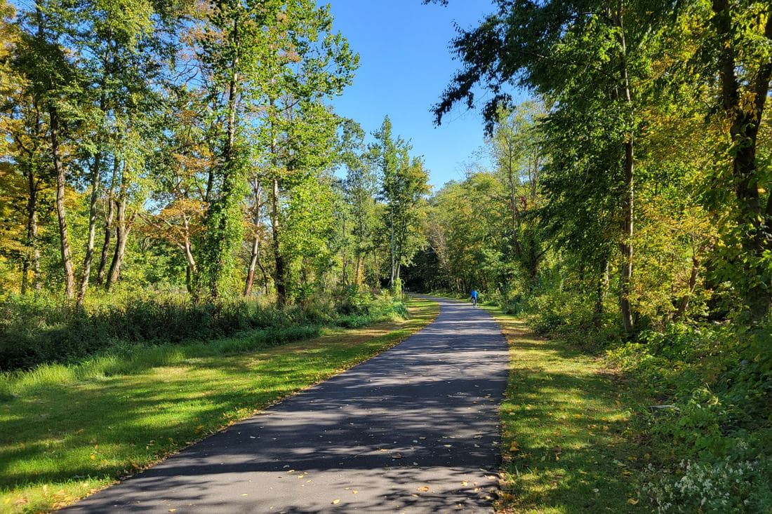 The Farmington River Trail in Burlington, Connecticut: a paved path curving away through tall green trees under a clear blue sky.